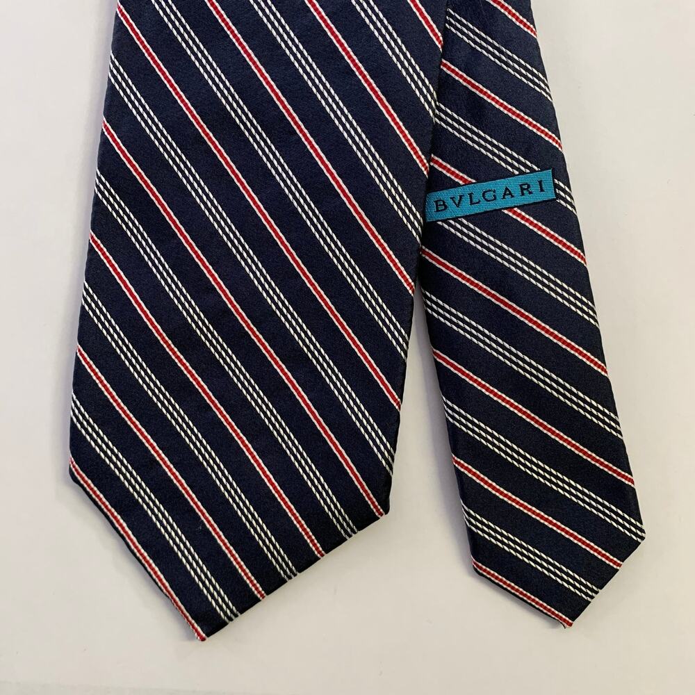 BVLGARI Navy Red Diagonal Stripe Silk Tie